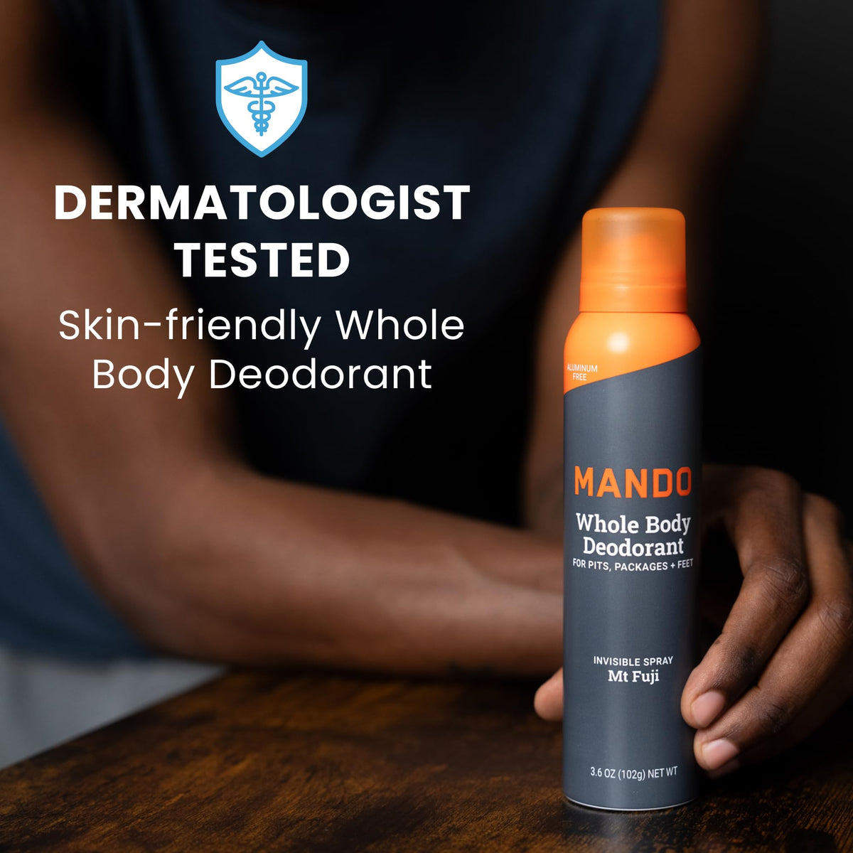 Mando deodorant on bathroom shelf with toiletries
