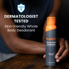 Mando deodorant on bathroom shelf with toiletries