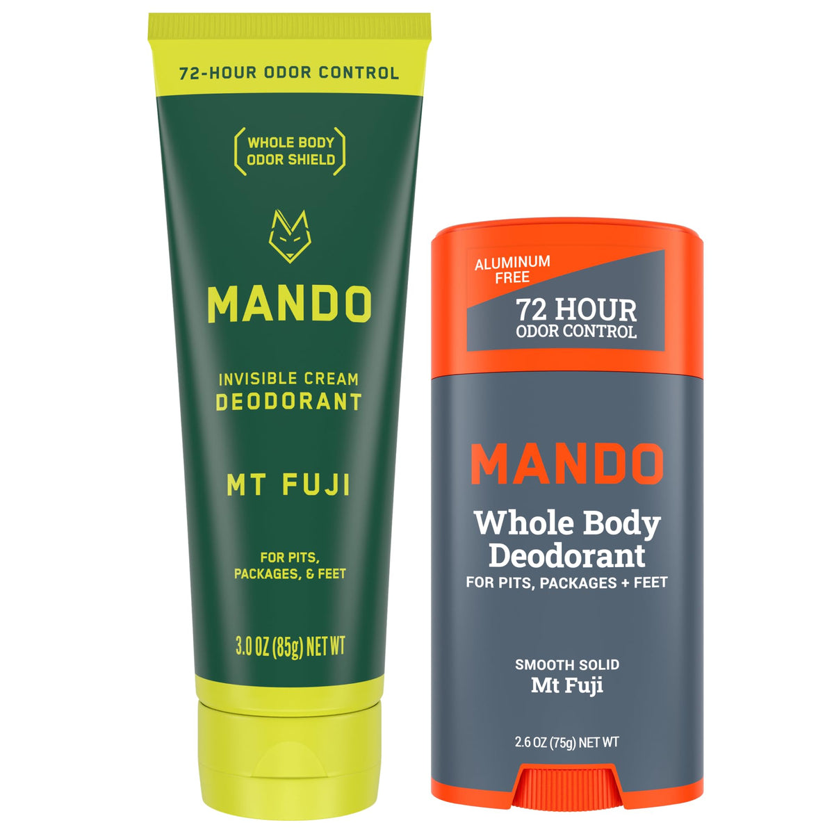 Mando deodorant products on a bathroom shelf