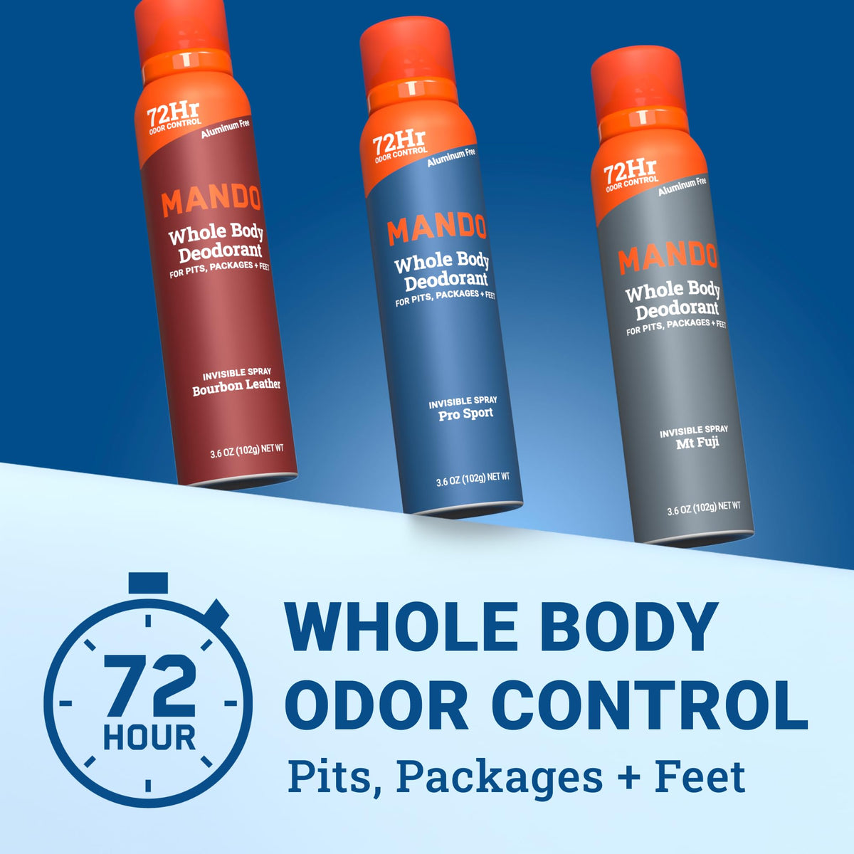 Mando deodorant spray showing packaging and label