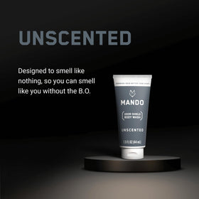 Mando Mini Body Wash 4pk displayed on a shelf