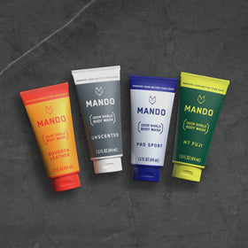 Mando Mini Body Wash in a shower setting