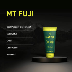 Mando Mini Body Wash tubes in a bathroom setting