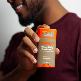 Mando Whole Body Deodorant for Men displayed on bathroom counter