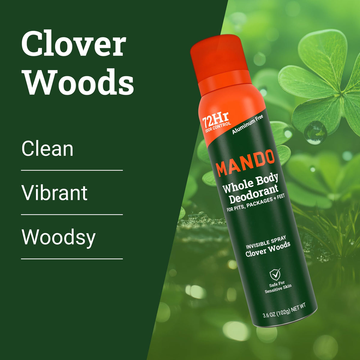 Mando Whole Body Deodorant Spray can with fresh greenery background