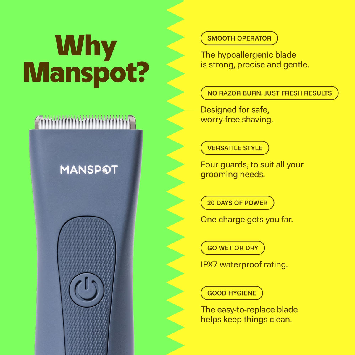 MANSPOT trimmer with charging cable and guards