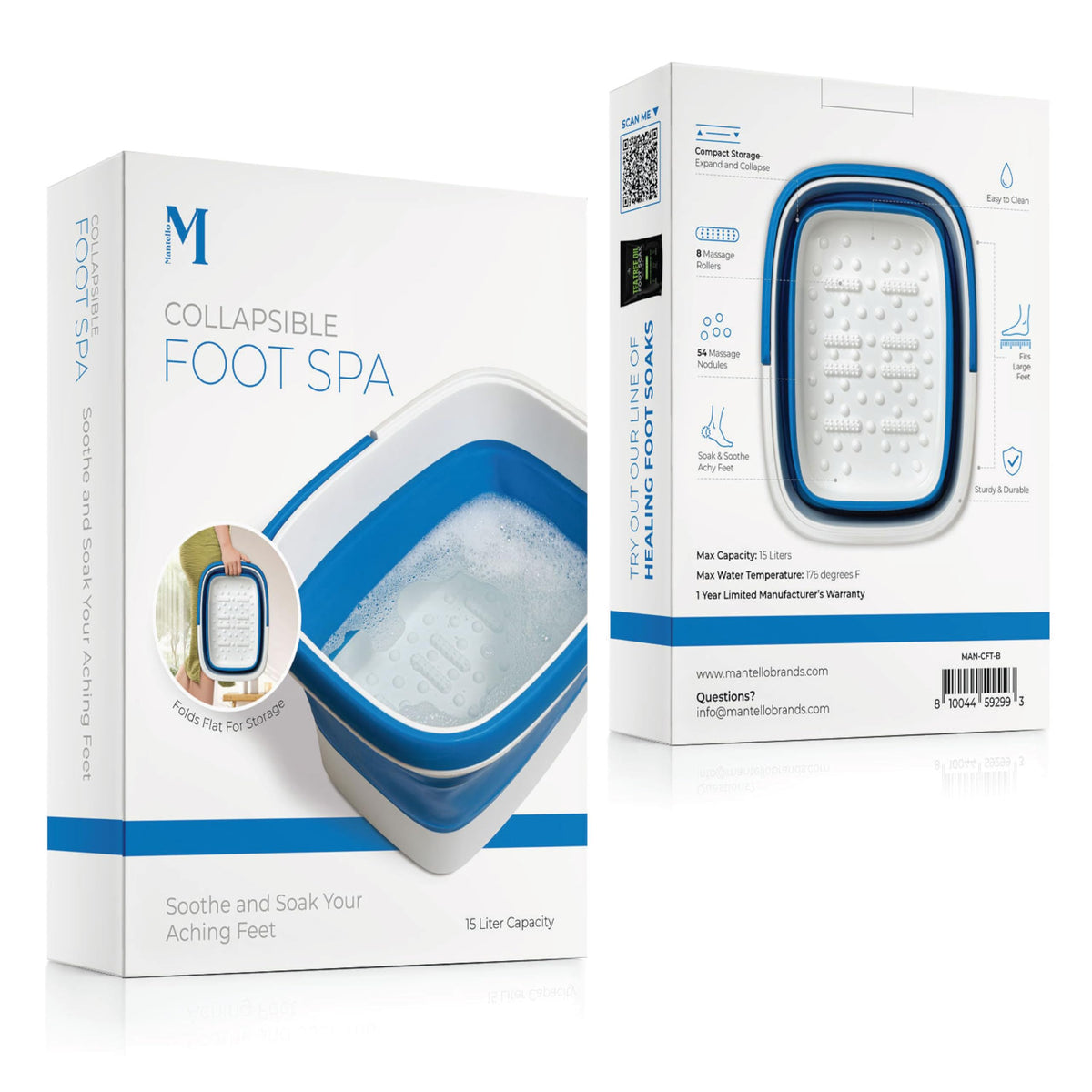 Mantello Collapsible Foot Bath dimensions and packaging