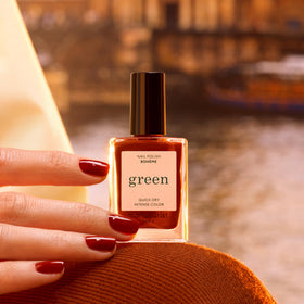 Manucurist Green Bohème Brown Red Nail Polish bottle with swatch