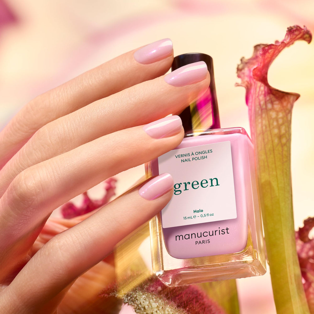 Manucurist Green Halo Nail Polish bottle with milky mauve colour