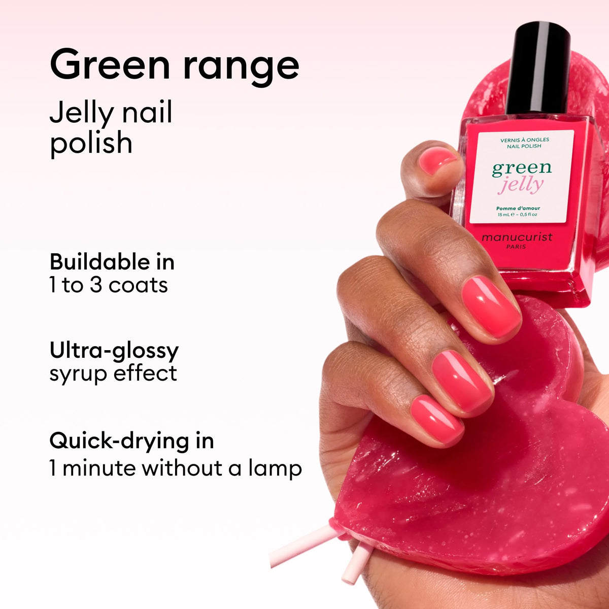 Manucurist Green Jelly Nail Polish Pomme d'Amour raspberry pink swatch on nails