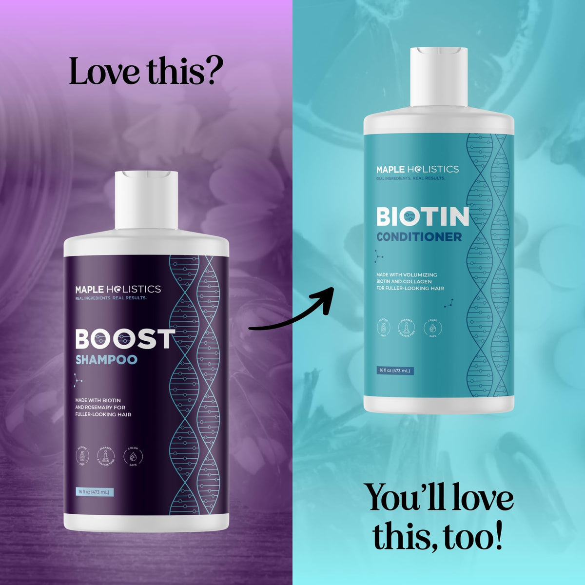 Maple Holistics Advanced Biotin Shampoo in a bathroom setting