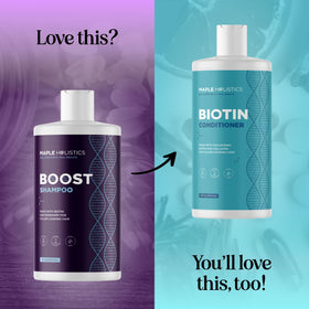 Maple Holistics Advanced Biotin Shampoo in a bathroom setting