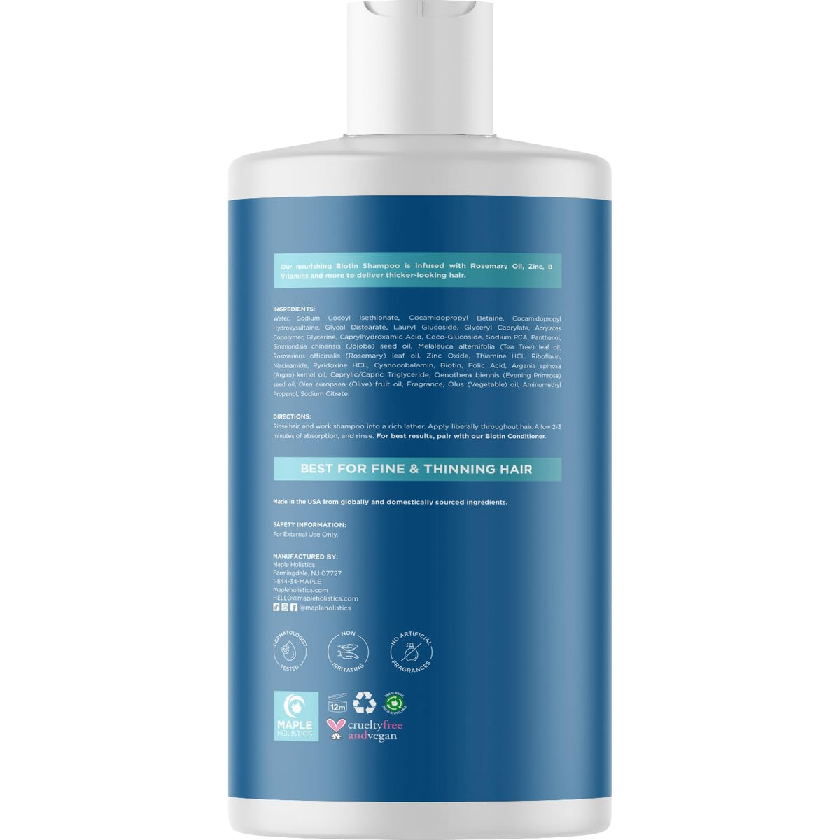 Maple Holistics Rosemary and Biotin Shampoo back view with ingredients