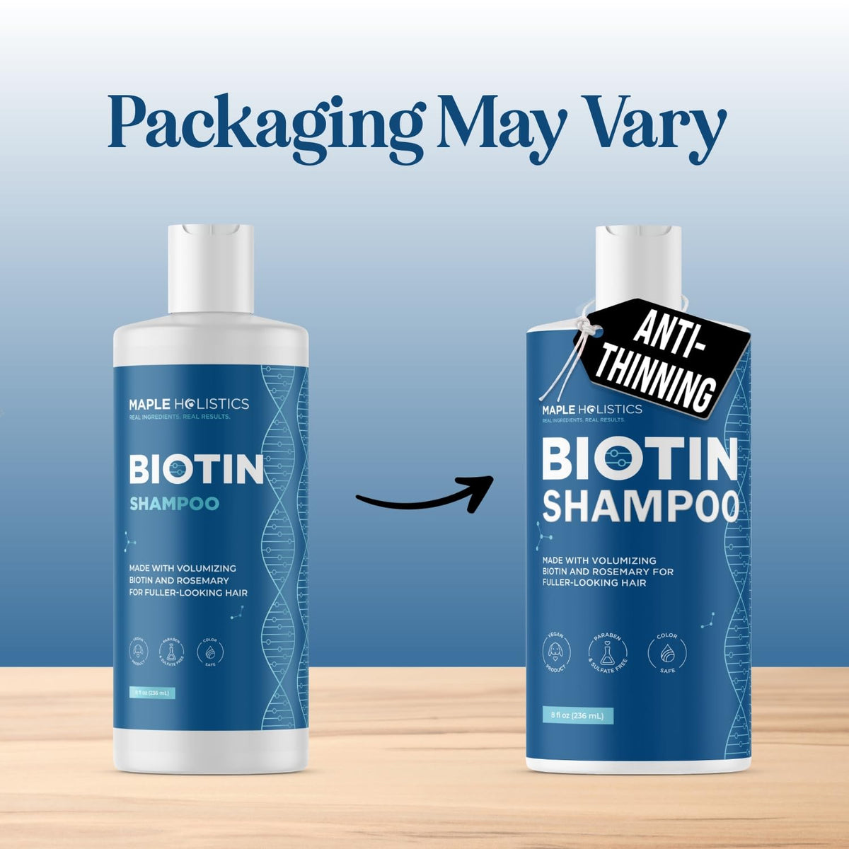 Maple Holistics Rosemary and Biotin Shampoo on a wooden table