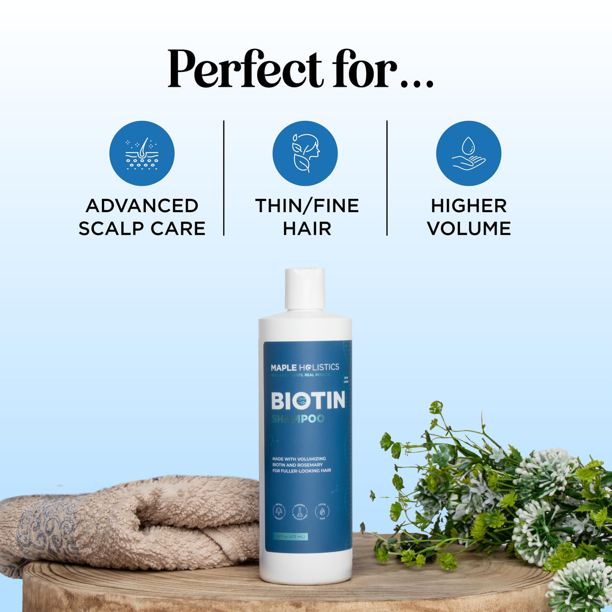 Maple Holistics Rosemary and Biotin Shampoo with rosemary leaves