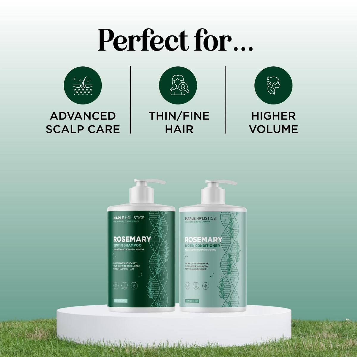 Maple Holistics shampoo and conditioner set on a bathroom shelf