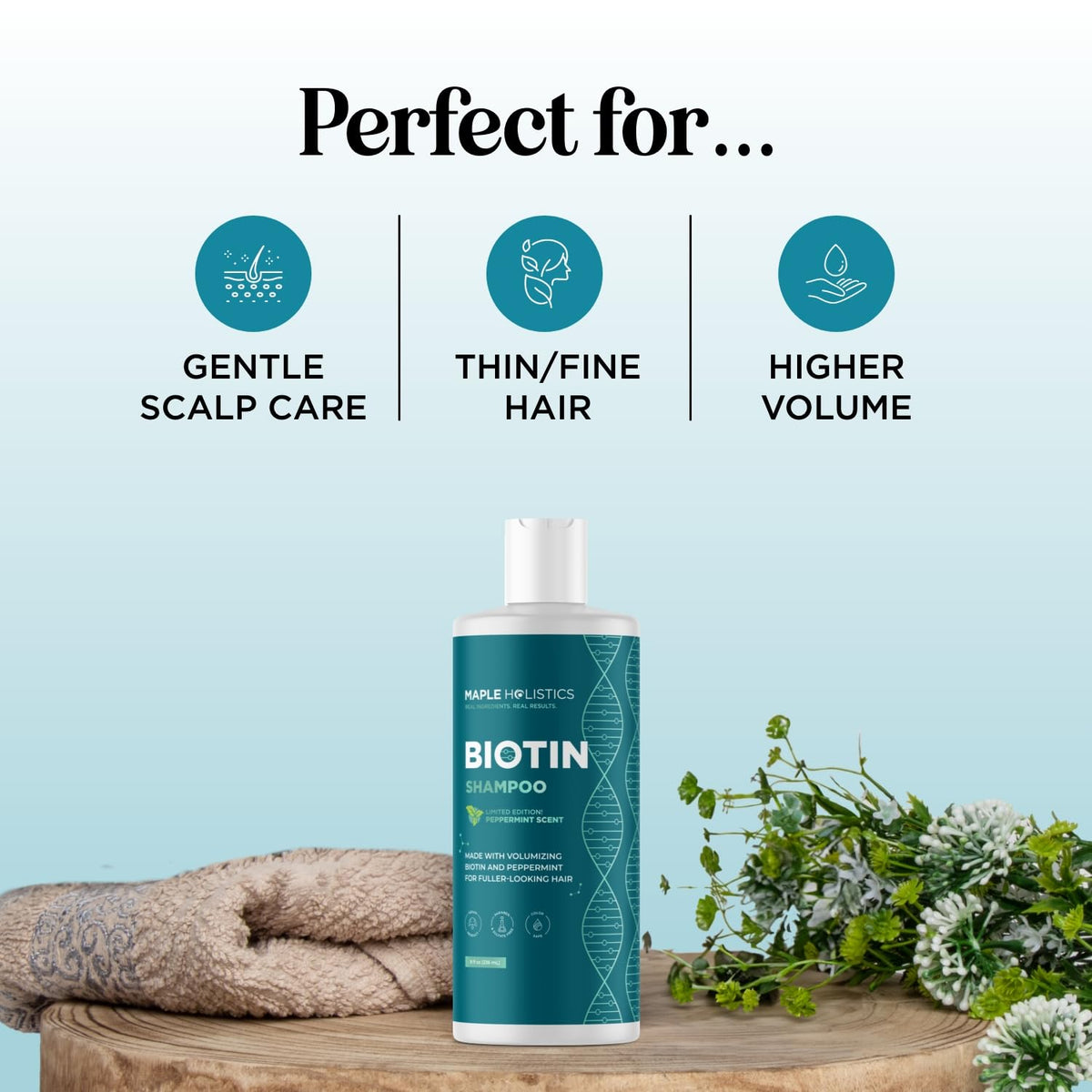 Maple Holistics shampoo in bathroom setting