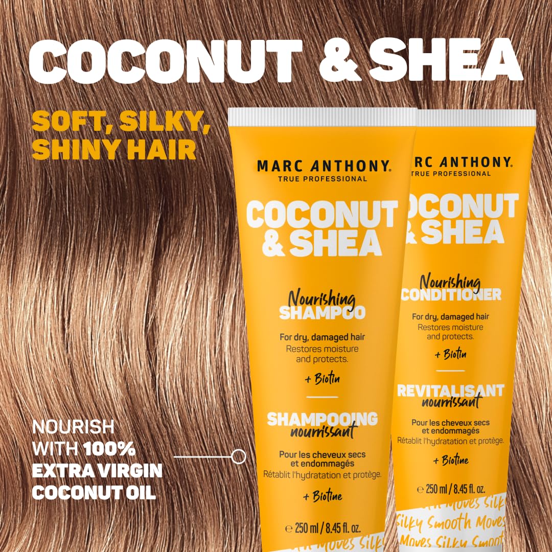 Marc Anthony Coconut Shea Shampoo and Conditioner Set on a bathroom counter