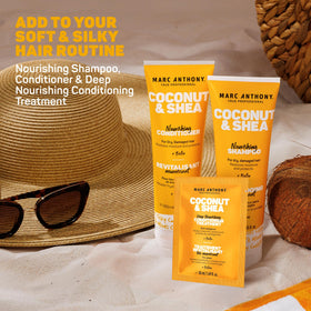 Marc Anthony Coconut Shea Shampoo and Conditioner set on a bathroom shelf