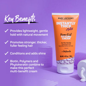 Marc Anthony Instantly Thick Hair Thickening Cream 172g on a bathroom counter with styling tools