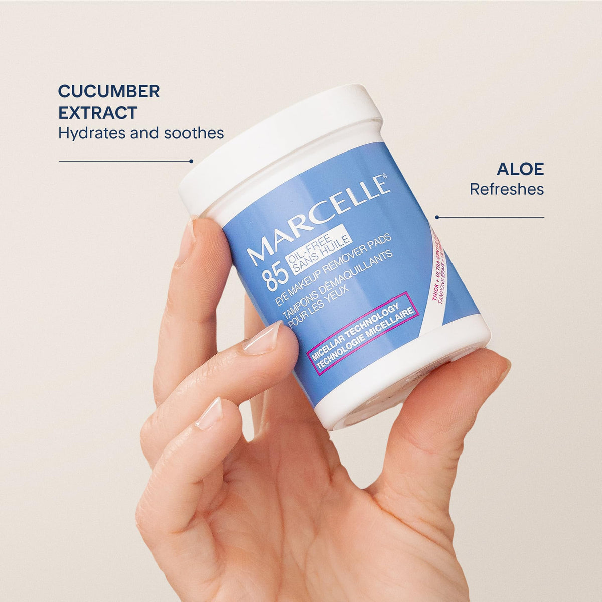 MARCELLE Oil-Free Eye Make-Up Remover Pads side view with label