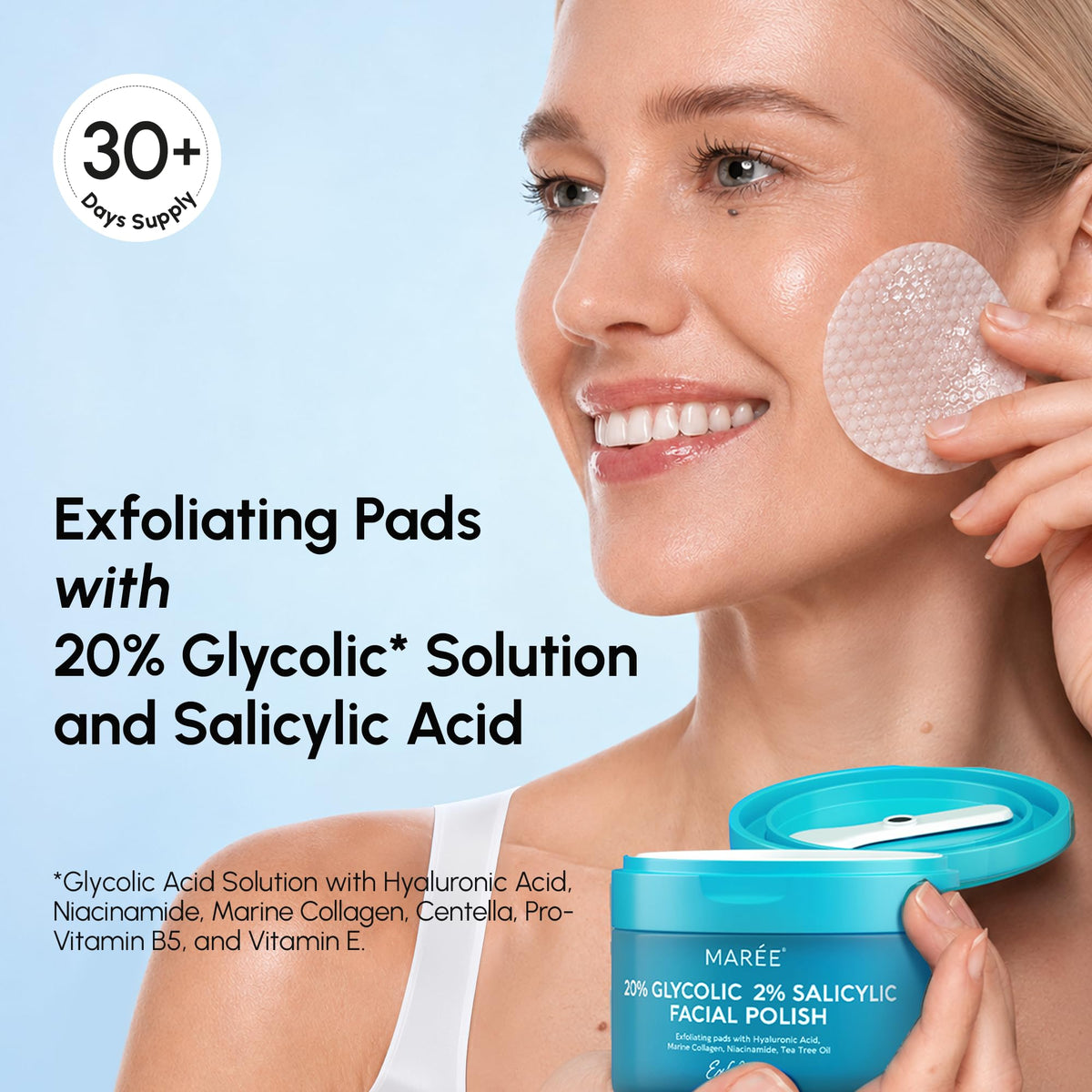 MAREE Glycolic Acid Pads 20% opened container showing pads