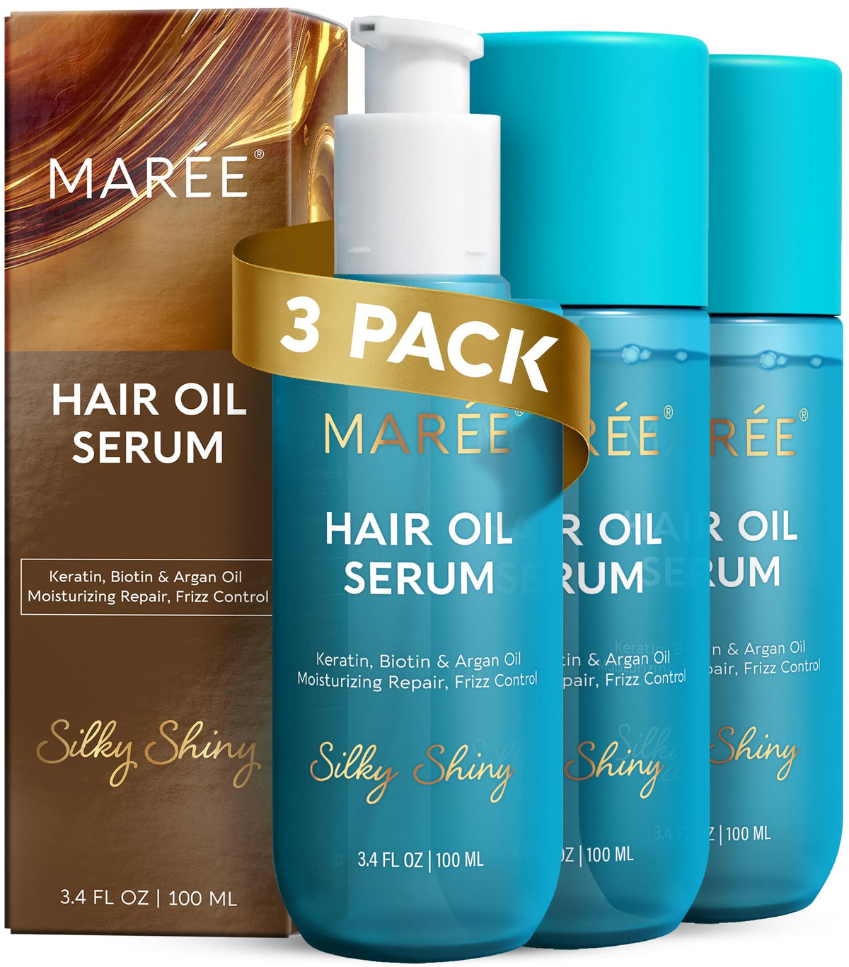 MAREE Hair Oil 3 Pack front view with argan oil bottle