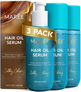 MAREE Hair Oil 3 Pack front view with argan oil bottle