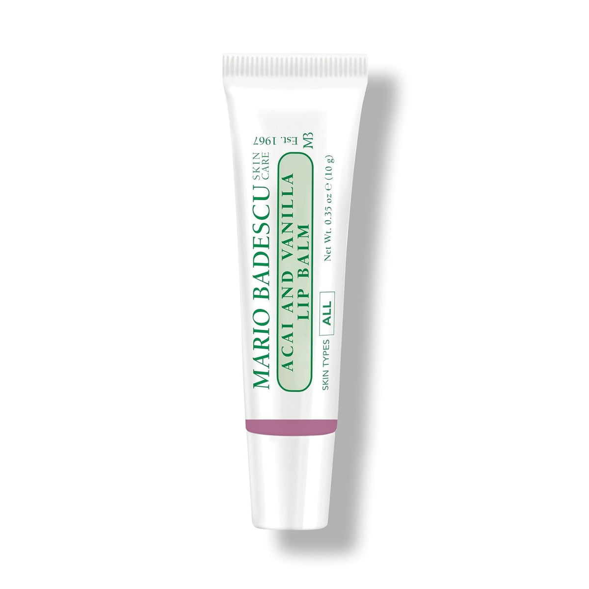 Mario Badescu lip balm tube with ingredients displayed