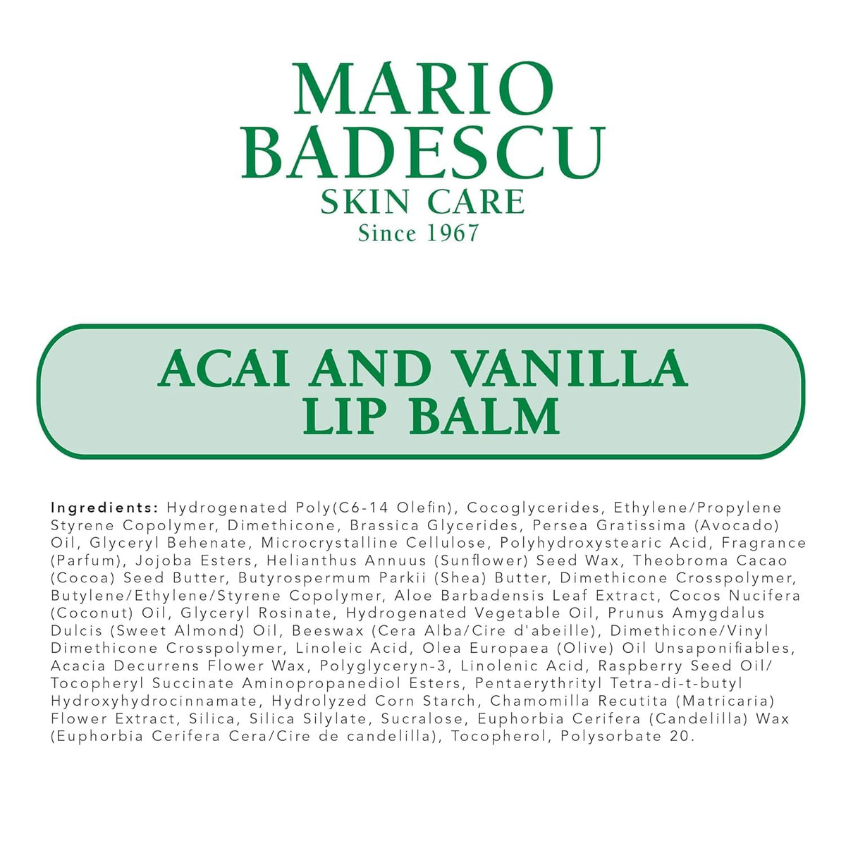 Mario Badescu Moisturizing Acai and Vanilla Lip Balm with peppermint essence