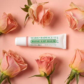 Mario Badescu Rose Lip Balm with ingredients displayed