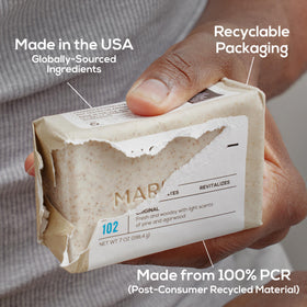 MARLOWE. Body Scrub Soap Bar, Sage + Fir scent description