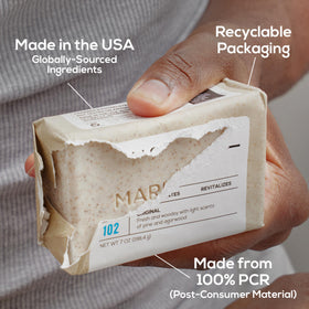 MARLOWE. Body Scrub Soap Bar showing size comparison