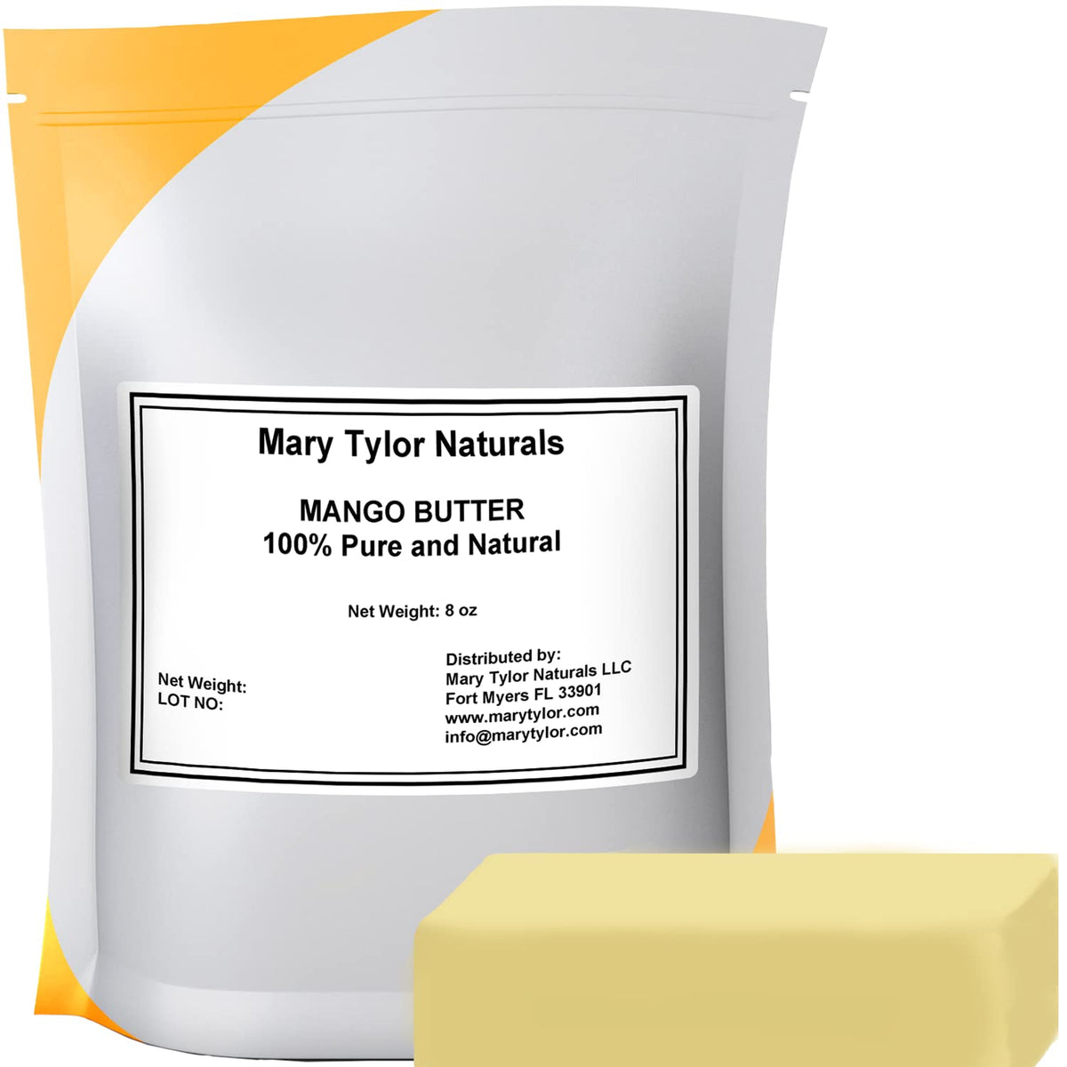 Mary Tylor Naturals Mango Butter 8 oz front view in resealable pouch