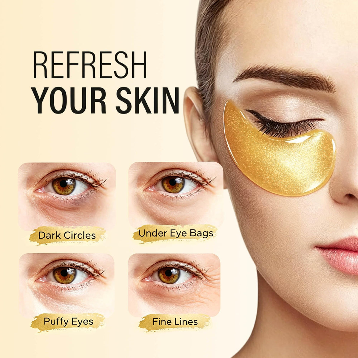 Maskiss 24k Gold Under Eye Patches on a model's eyes