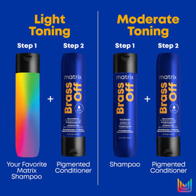 MATRIX Brass Off Blue Shampoo in bathroom setting