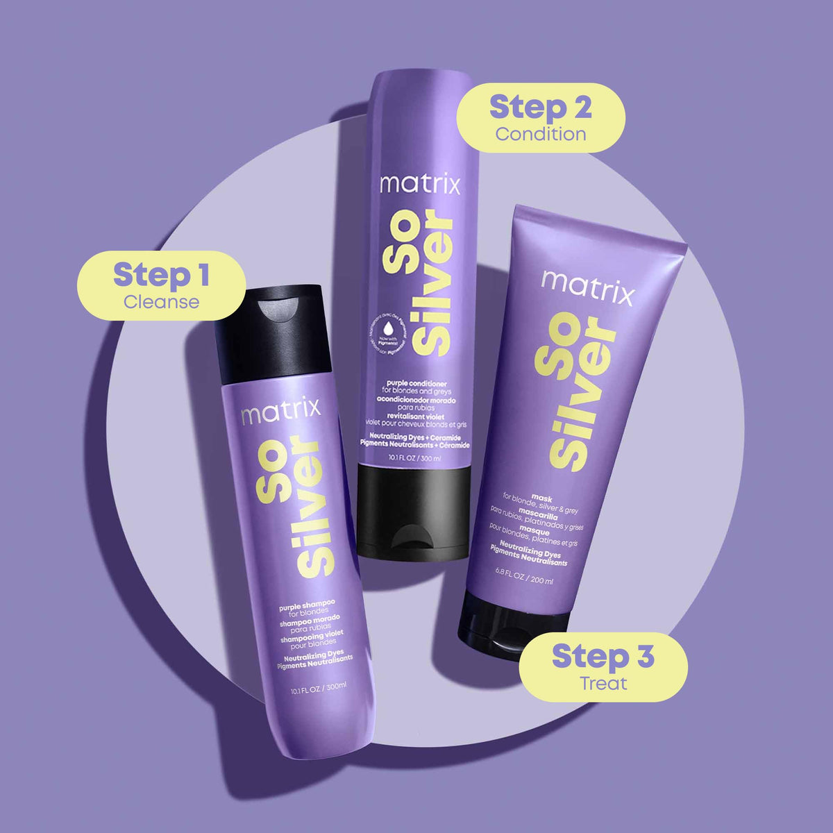 MATRIX So Silver Purple Shampoo 33.8 Fl Oz with a towel