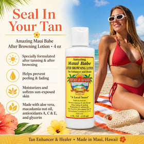 Maui Babe After Browning Lotion 4 Fl Oz with sun and beach background