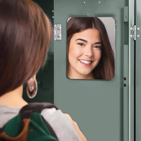 Mavoro 7x9 Magnetic Locker Mirror on a kitchen fridge