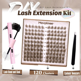 Mavphnee Brown Lash Clusters Kit contents including lash clusters and glue