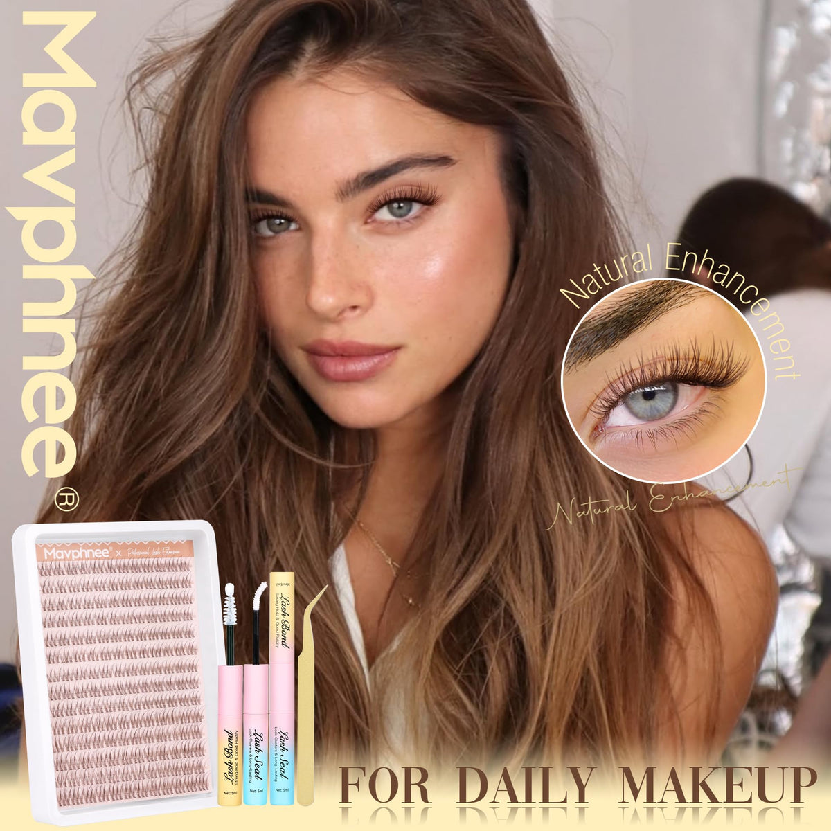 Mavphnee Brown Lash Clusters Kit contents including lashes and glue