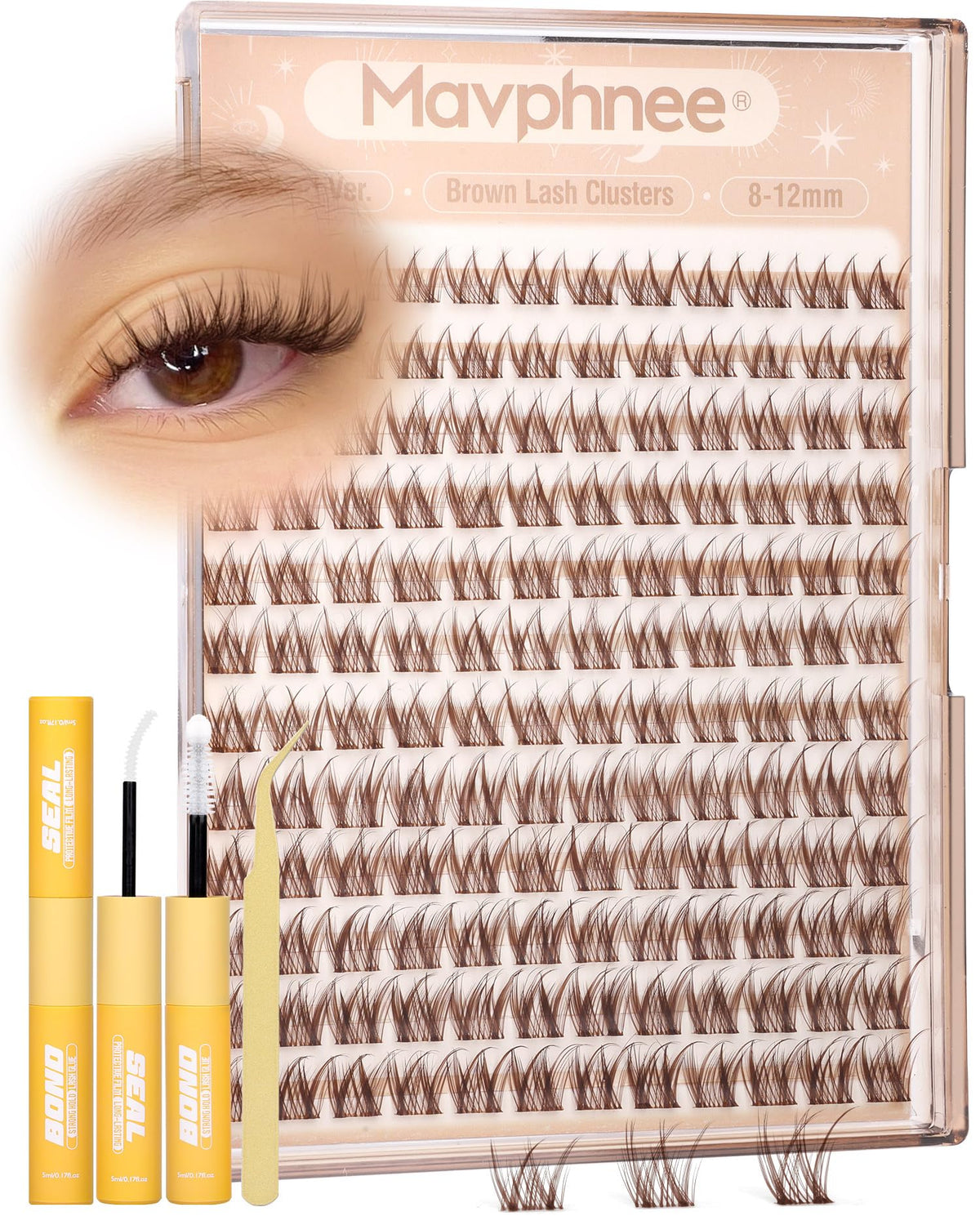 Mavphnee Brown Lash Clusters Kit with 144 lashes in packaging