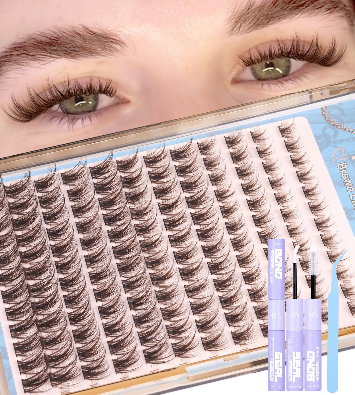 Mavphnee Brown Lash Clusters Kit with 144 pieces and adhesive