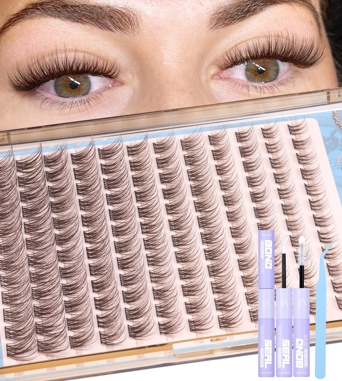 Mavphnee Brown Lash Clusters Kit with 144 pieces and mixed lengths