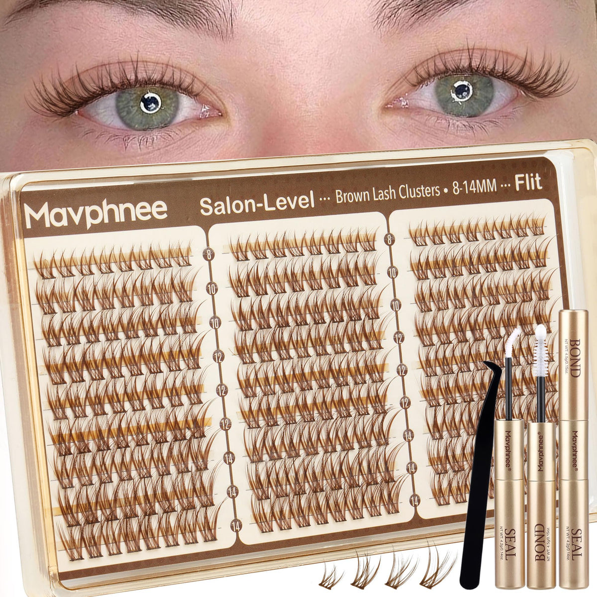 Mavphnee Brown Lash Clusters Kit with various lash lengths