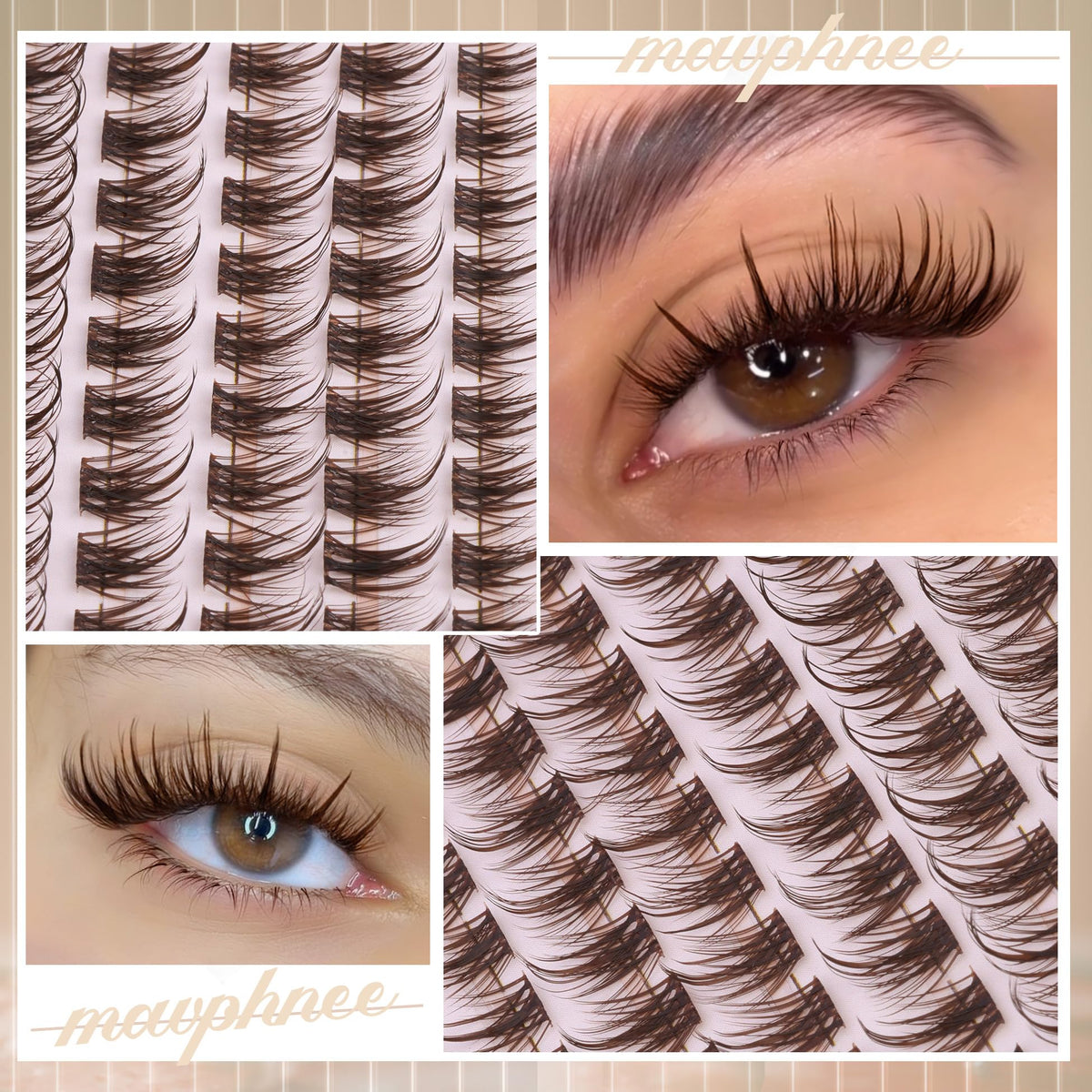 Mavphnee dark brown lash clusters applied on model