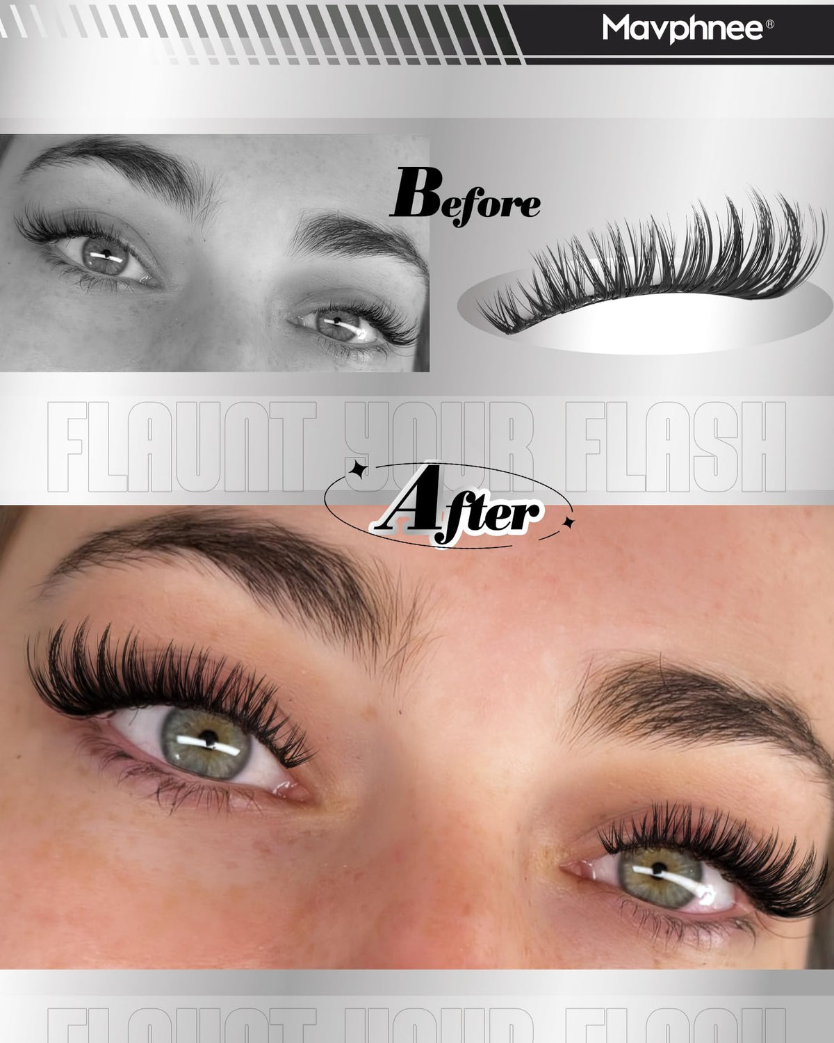 Mavphnee lash clusters applied on a model's eyes
