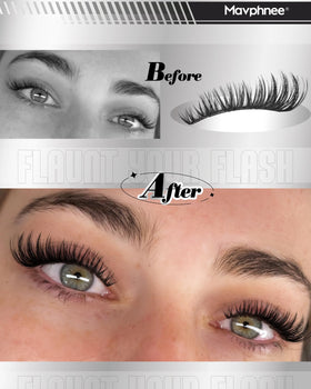Mavphnee lash clusters applied on a model's eyes