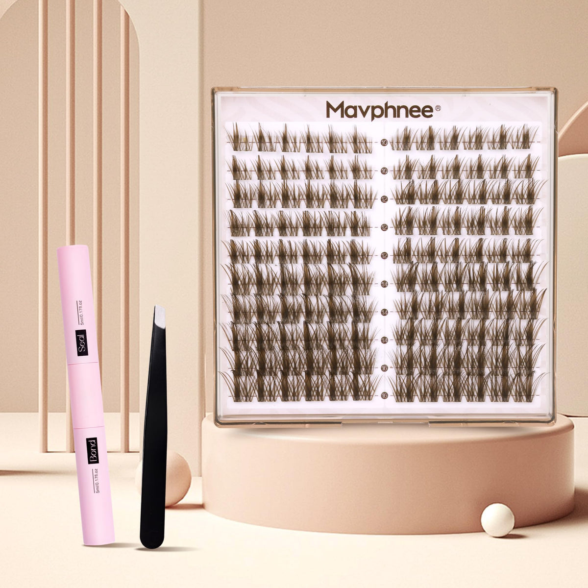 Mavphnee lash clusters displayed in an organized layout