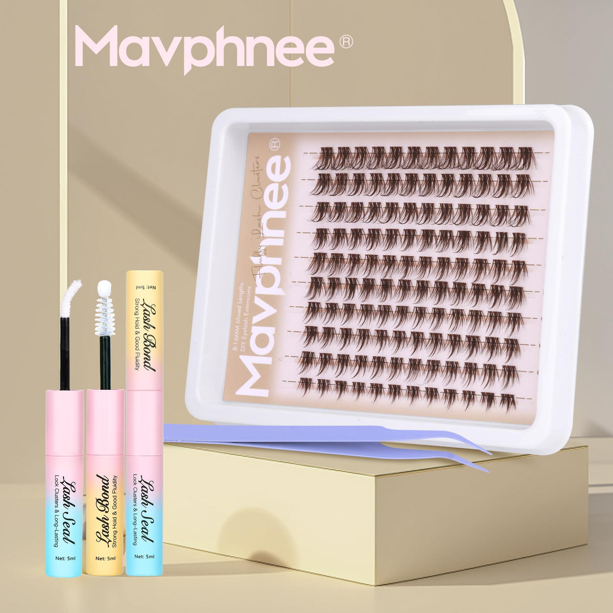 Mavphnee lash clusters kit contents displayed